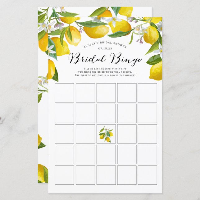 Lemon Themed bridal shower bingo games, (Front/Back)