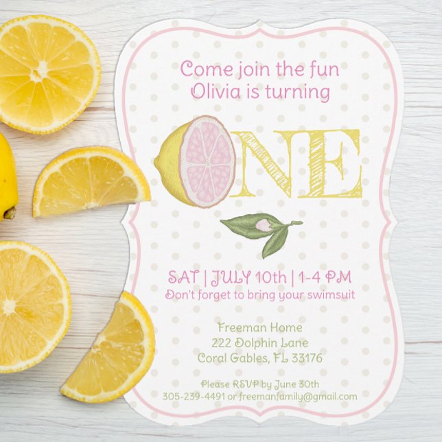 Lemon Themed Pink First Birthday Invite (Creator Uploaded)