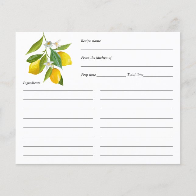 Lemon themed, recipe card personalized (Front)