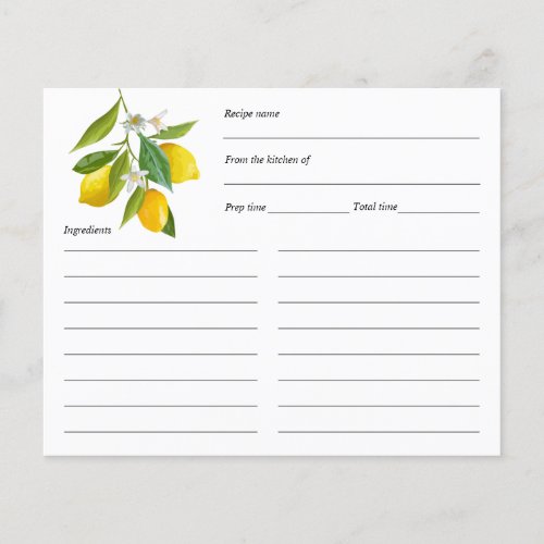 Lemon themed recipe card personalized