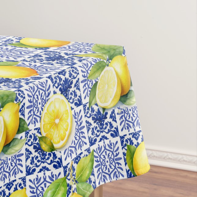 Lemon Tile Blue White Pattern Mediterranean Citrus Tablecloth (In Situ)