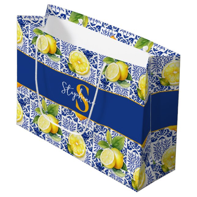 Lemon Tile Blue White Pattern Monogram Name Citrus Large Gift Bag (Front Angled)