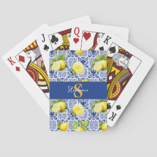 Lemon Tile Pattern Blue White Citrus Monogram Name Poker Cards