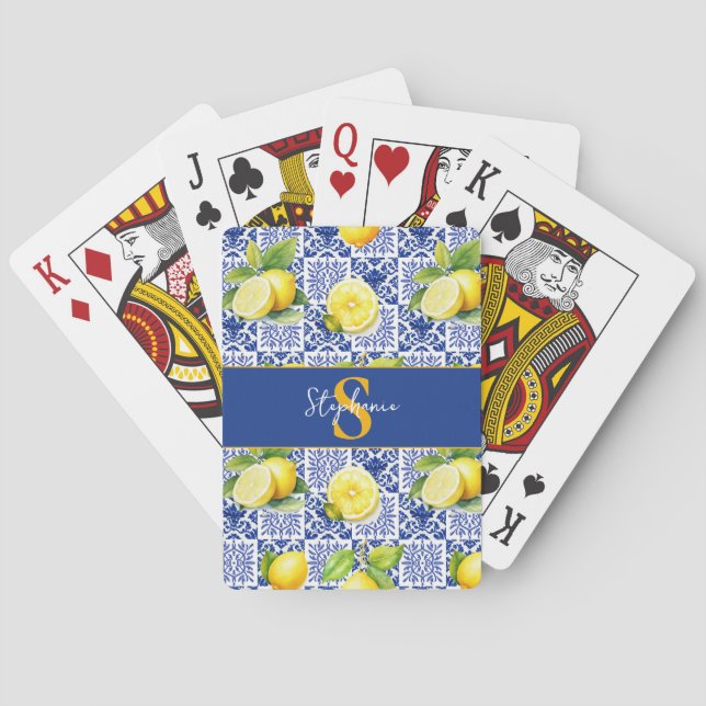 Lemon Tile Pattern Blue White Citrus Monogram Name Poker Cards (Back)