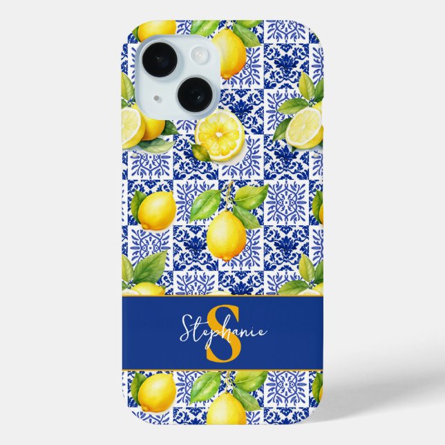 Lemon Tile Pattern Blue White Mediterranean Citrus Case-Mate iPhone Case (Back)