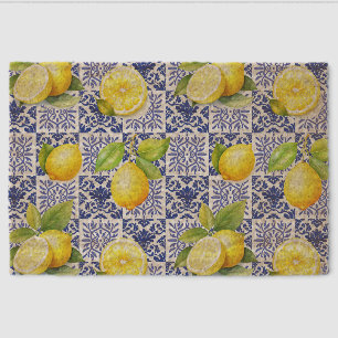 Lemon Tile Pattern Blue White Mediterranean Citrus Fiber Doormat