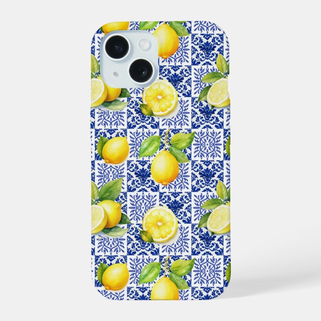 Lemon Tile Pattern Blue White Mediterranean Citrus Iphone Case (Back)