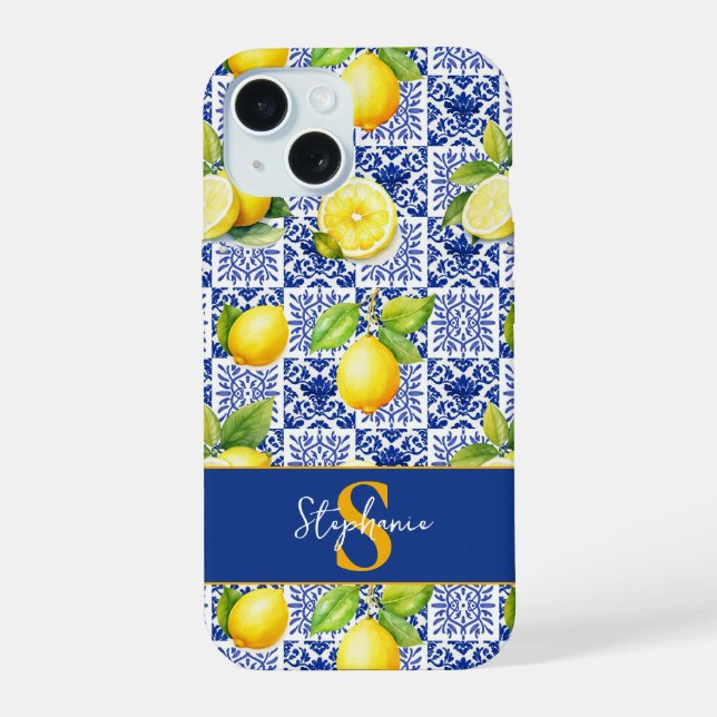 Lemon Tile Pattern Blue White Mediterranean Citrus Iphone Case (Back)