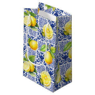 Lemon Tile Pattern Blue White Mediterranean Citrus Small Gift Bag