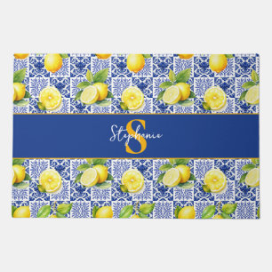 Lemon Tile Pattern Blue White Name Monogram Citrus Doormat