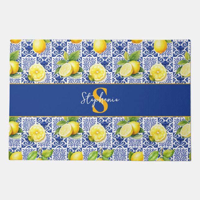 Lemon Tile Pattern Blue White Name Monogram Citrus Doormat (Front)