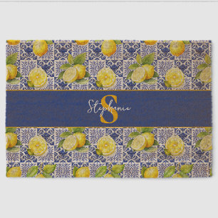 Lemon Tile Pattern Blue White Name Monogram Citrus Fiber Doormat