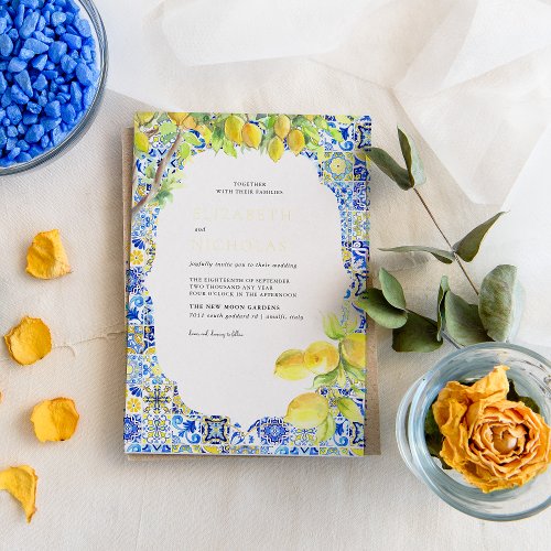 Lemon Tiles  Mediterranean Summer Wedding Foil Invitation