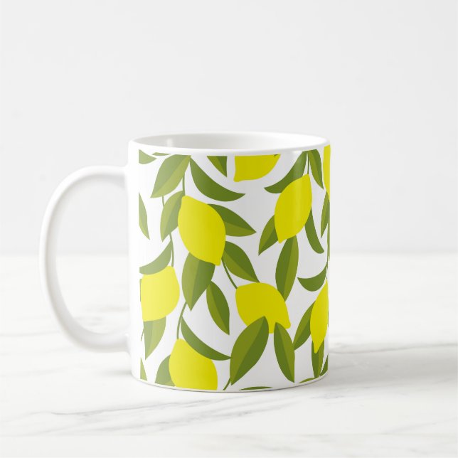 Lemon Tree Art: Yellow Citrus Seamless Pattern Coffee Mug (Left)