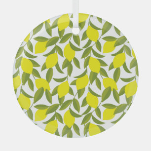 Lemon Tree Art: Yellow Citrus Seamless Pattern Glass Ornament