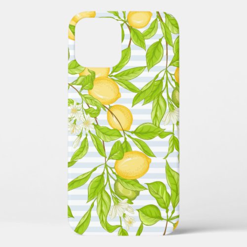 Lemon Tree Branch Striped Seamless Pattern iPhone 12 Case
