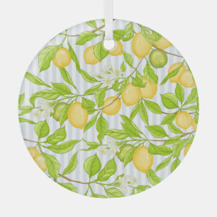 Lemon Tree Branch: Striped Seamless Pattern Glass Ornament