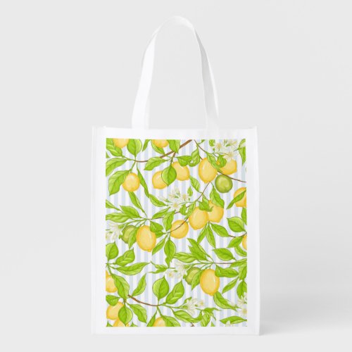 Lemon Tree Branch Striped Seamless Pattern Grocery Bag
