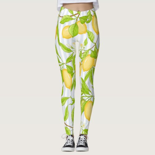 Lemon Tree Branch Striped Seamless Pattern Leggings