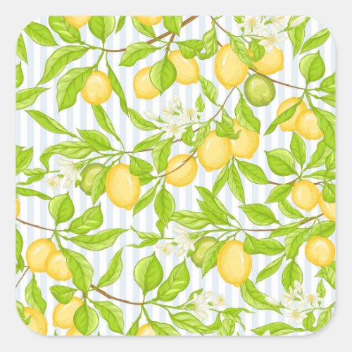 Lemon Tree Branch Striped Seamless Pattern Square Sticker