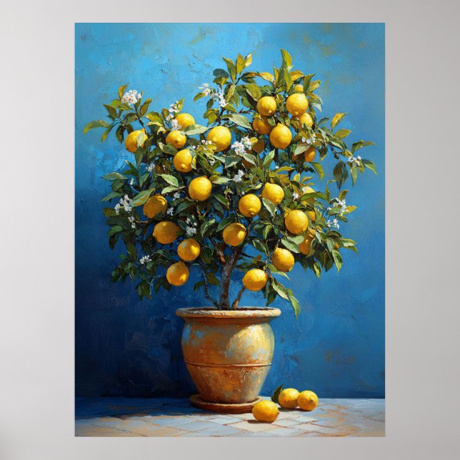 Lemon Tree in Clay Pot with Blossoms Poster (Front)
