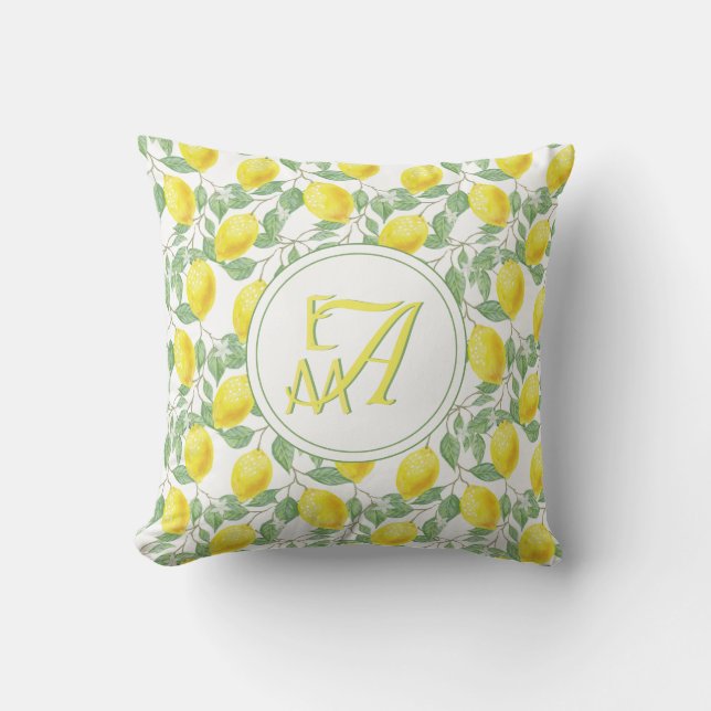 Lemon Tree Monogram Pattern Yellow Green Decor Throw Pillow (Front)