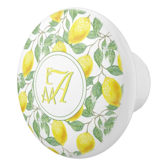 Lemon Tree Monogrammed Pattern Yellow Green Decor Ceramic Knob (Right)