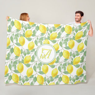 Lemon Tree Monogrammed Pattern Yellow Green Decor Fleece Blanket
