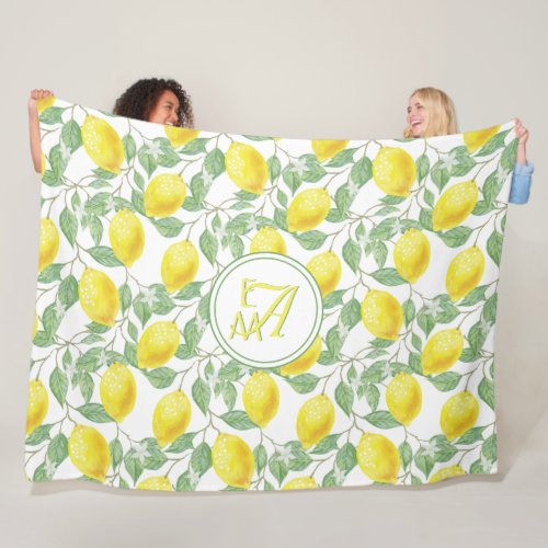 Lemon Tree Monogrammed Pattern Yellow Green Decor Fleece Blanket