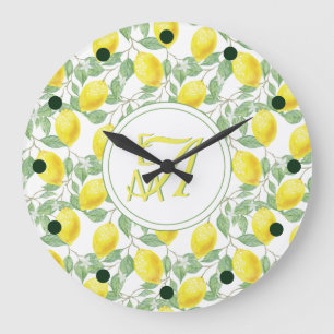 Lemon Tree Monogrammed Pattern Yellow Green Decor Large Clock
