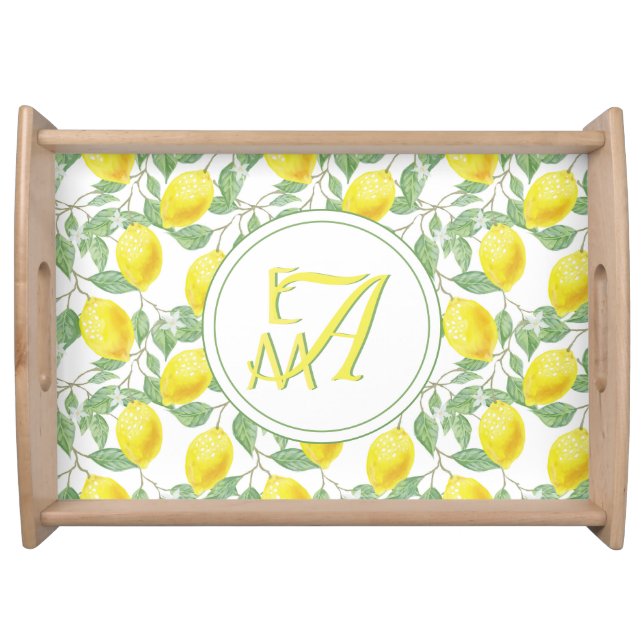 Lemon Tree Monogrammed Pattern Yellow Green Decor Serving Tray (Front)