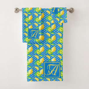 Lemon Tree Ocean Blue MONOGRAM Newlyweds Wedding Bath Towel Set