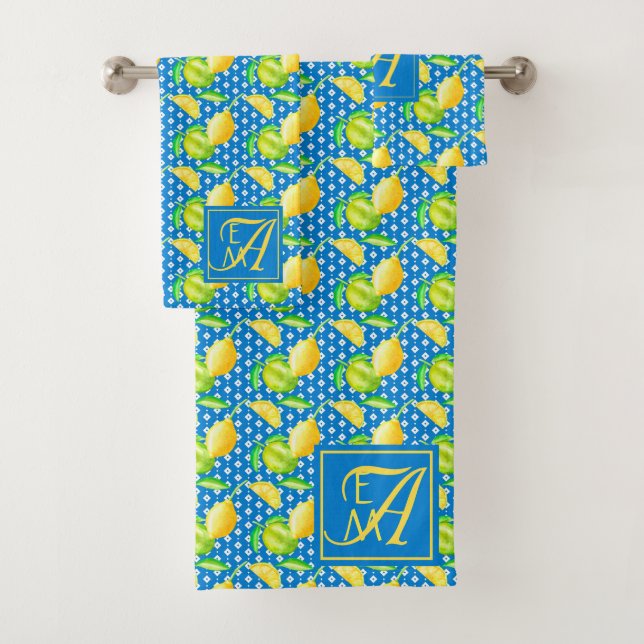 Lemon Tree Ocean Blue MONOGRAM Newlyweds Wedding Bath Towel Set (Insitu)
