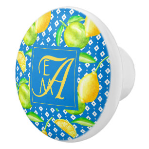 Lemon Tree Ocean Blue MONOGRAM Newlyweds Wedding Ceramic Knob
