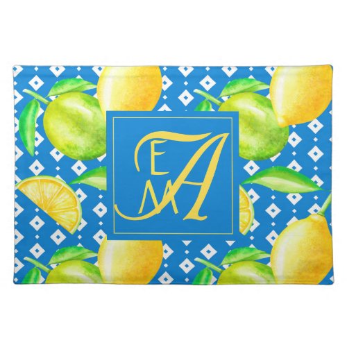 Lemon Tree Ocean Blue MONOGRAM Newlyweds Wedding Cloth Placemat