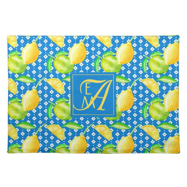 Lemon Tree Ocean Blue MONOGRAM Newlyweds Wedding Cloth Placemat (Front)