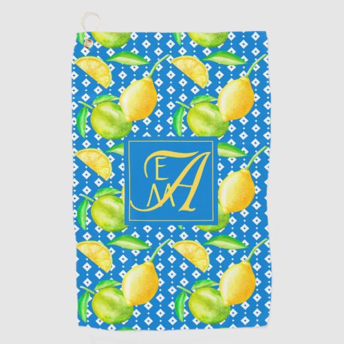 Lemon Tree Ocean Blue MONOGRAM Newlyweds Wedding Golf Towel