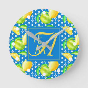Lemon Tree Ocean Blue MONOGRAM Newlyweds Wedding Round Clock