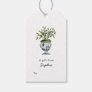 Lemon tree topiary in blue and white pot Gift tags