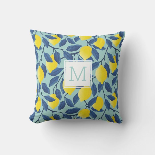 Lemon Tree Tropical Citrus Fruit Custom Monogram Outdoor Pillow (Front)