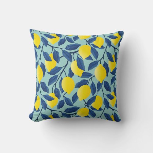 Lemon Tree Tropical Citrus Fruit Yellow Blue Throw Pillow