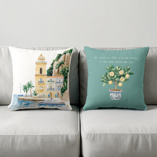 Lemon Tree Watercolor Coastal Quote Throw Pillow