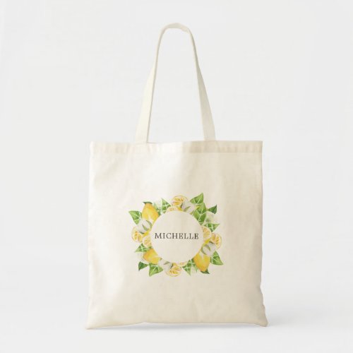 lemon tree wreath watercolor floral monogram tote bag