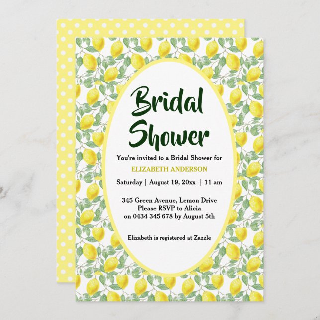 Lemon Tree Yellow Green Bridal Shower Invitation (Front/Back)