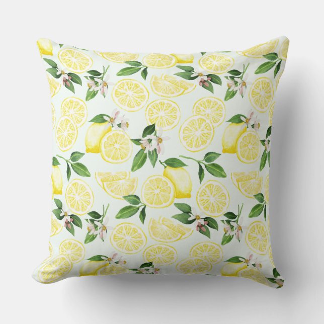 Lemon Tropical Summer Fruit Pattern on Mint 2 Throw Pillow (Front)