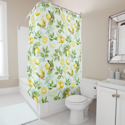 Lemon Tropical Summer Fruit Pattern on Mint Shower Curtain