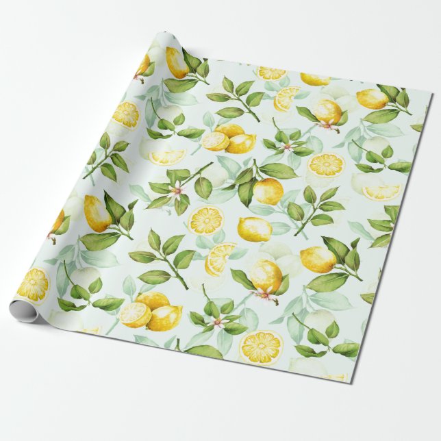 Lemon Tropical Summer Fruit Pattern on Mint Wrapping Paper (Unrolled)