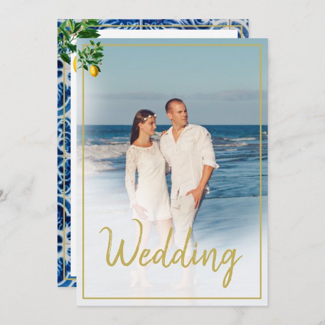 Lemon Tuscan Tile Blue White Photo Wedding Invitation (Front/Back)