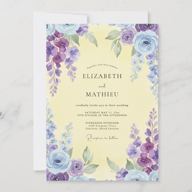 Lemon Violet Ranunculus Eucalyptus Wedding Invitation (Front)
