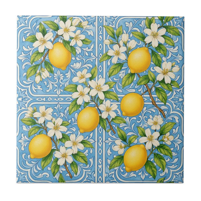 Lemon Watercolor Blue Mediterranean Pattern Ceramic Tile (Front)